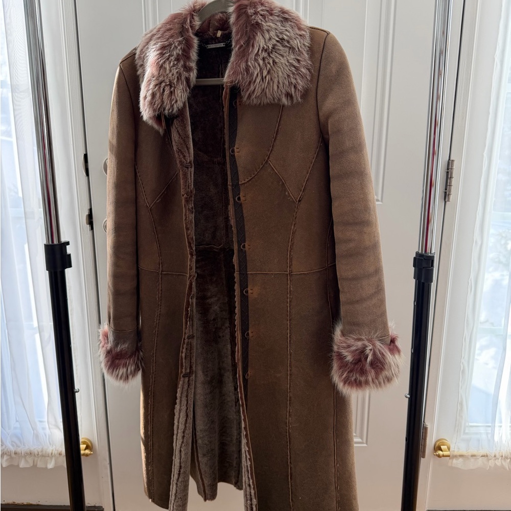 Ellie Tahari Shearling Coat with Real Fur Trim